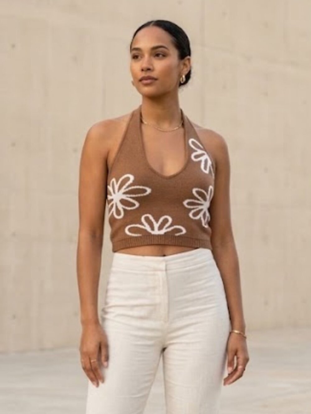 Paper Moon Medium Brown White Halter Crop Sweater Top Coquette Boho Festival